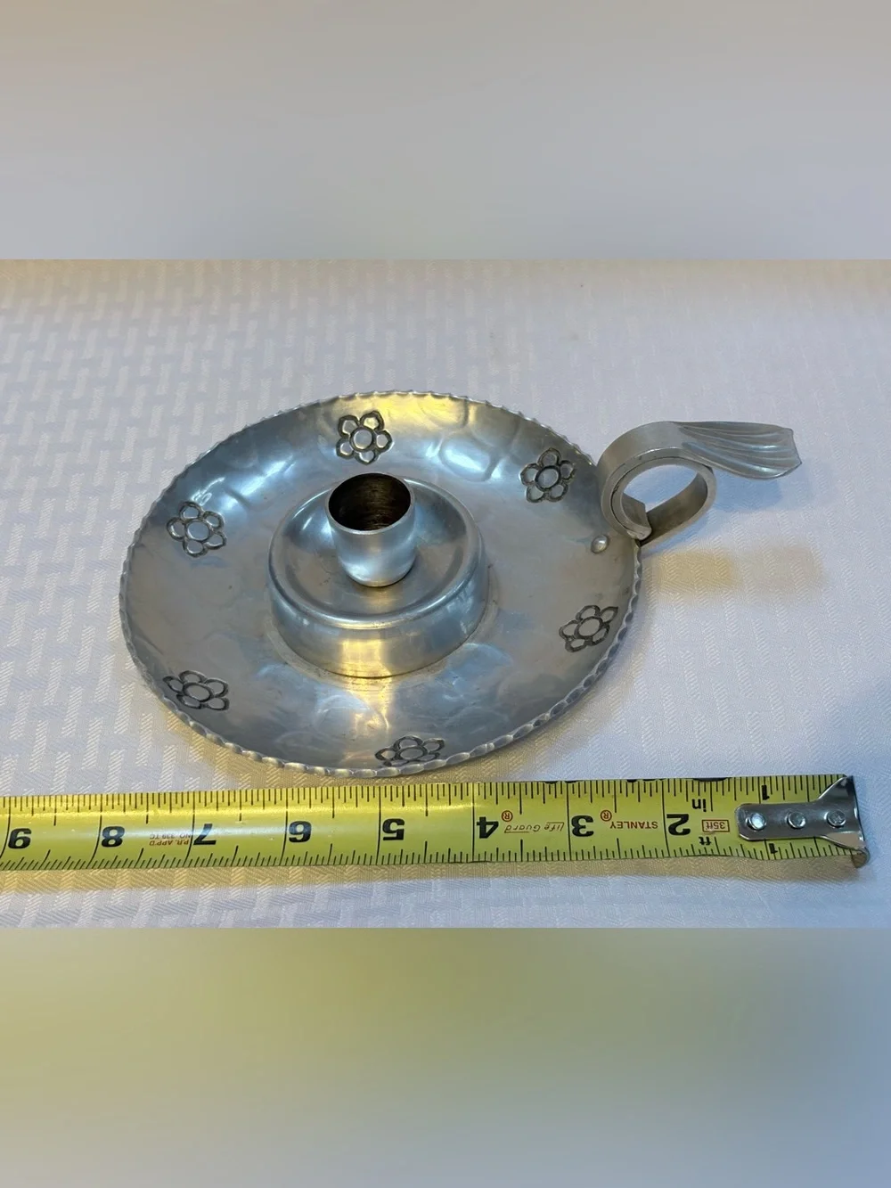 Vintage B.W. Buenilum hammered aluminum chamberstick candleholder features
